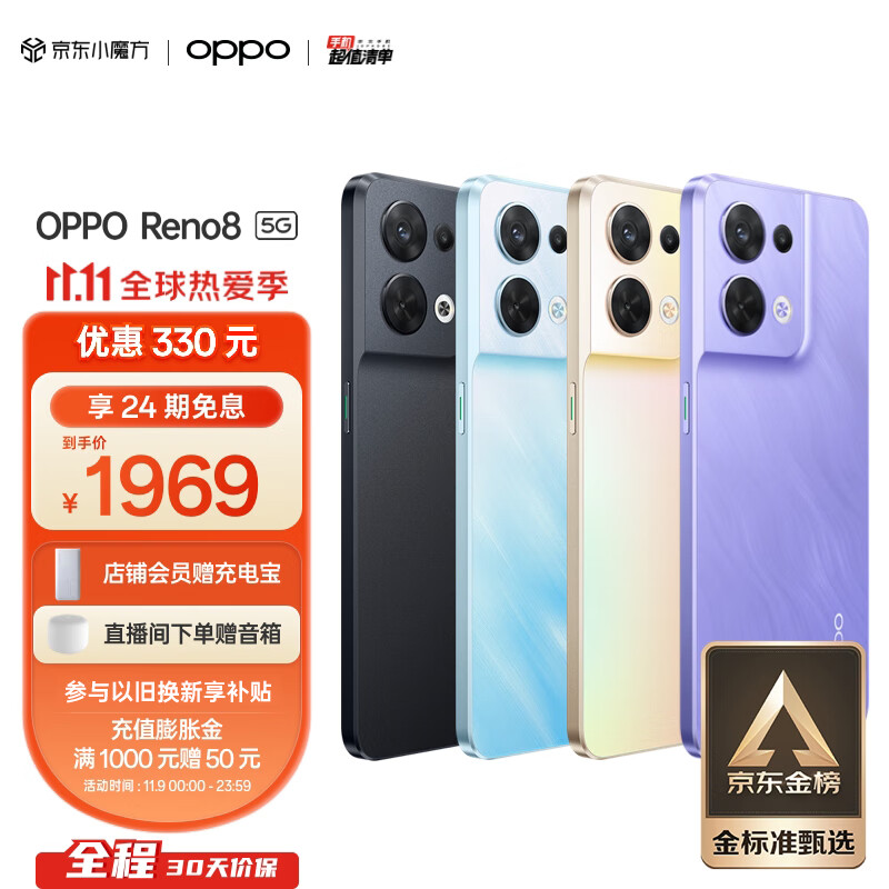 OPPO Reno8 8GB 128GB 鸢尾紫 新配色上市 80W超级闪充 5000万水光人像三摄 3200万前置索尼